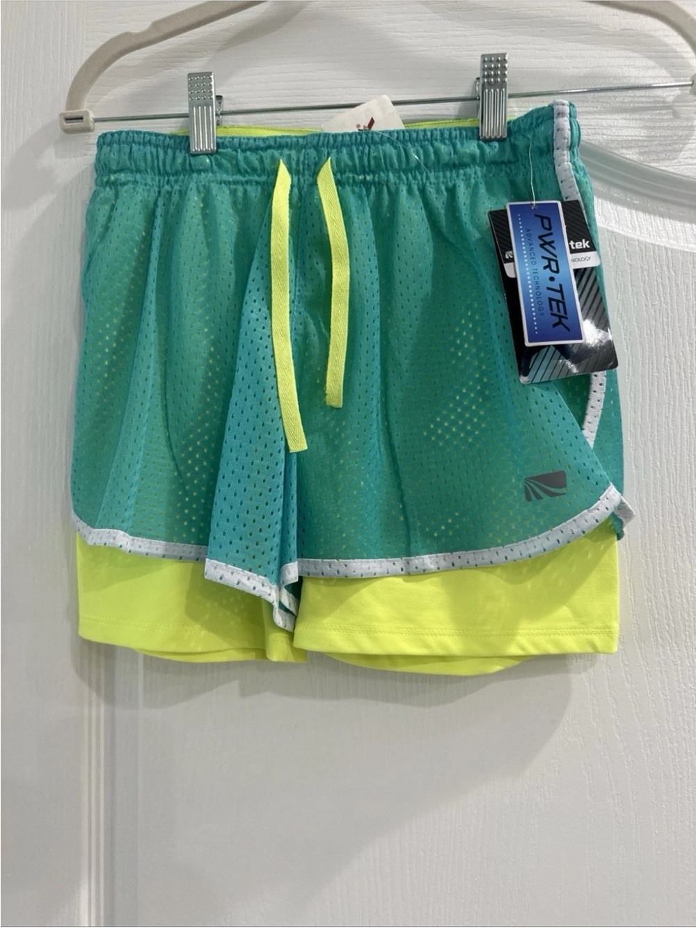 Marika Teal Mesh Athletic Shorts with Neon Yellow Liner